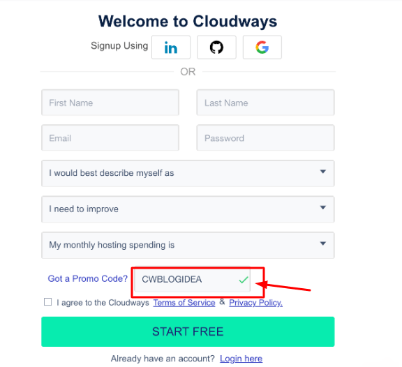 Cloudways Promo code- Add the promo code