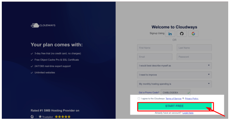  Cloudways Promo Code-Click On Start Free