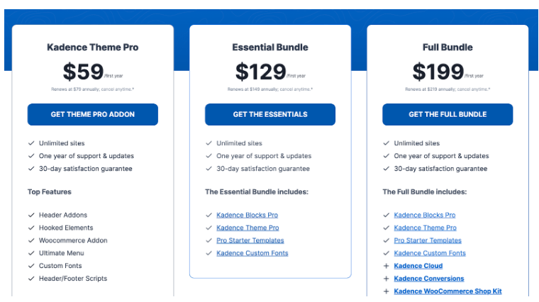 Pricing plans for the Kadence theme