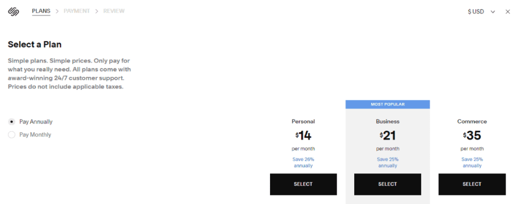 Select a Plan - Squarespace