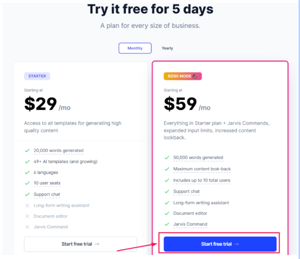 Jasper AI- Pricing page